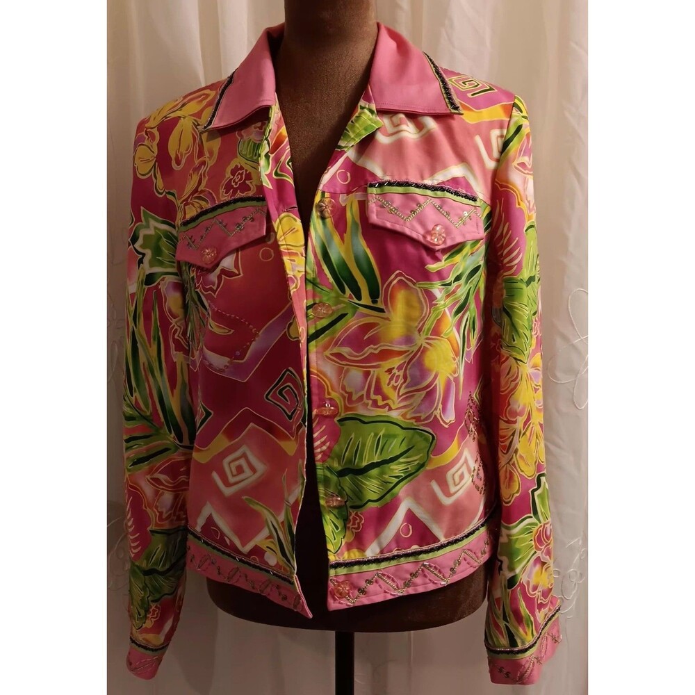 Women Small Dopamine Bead Layering Jacket Silk Y2K. Barbiecore. Artsy .Grandma.
